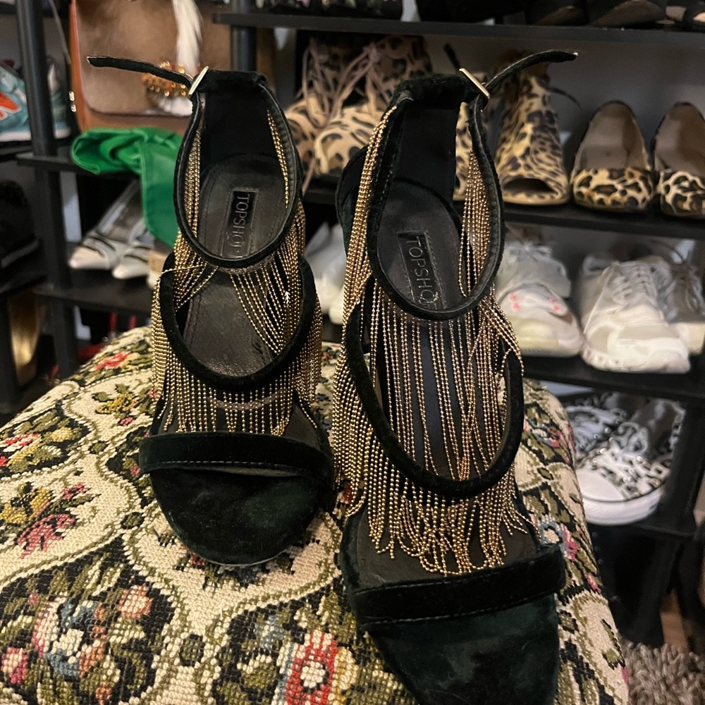 Forest Green and Gold Fringe Flapper Heels